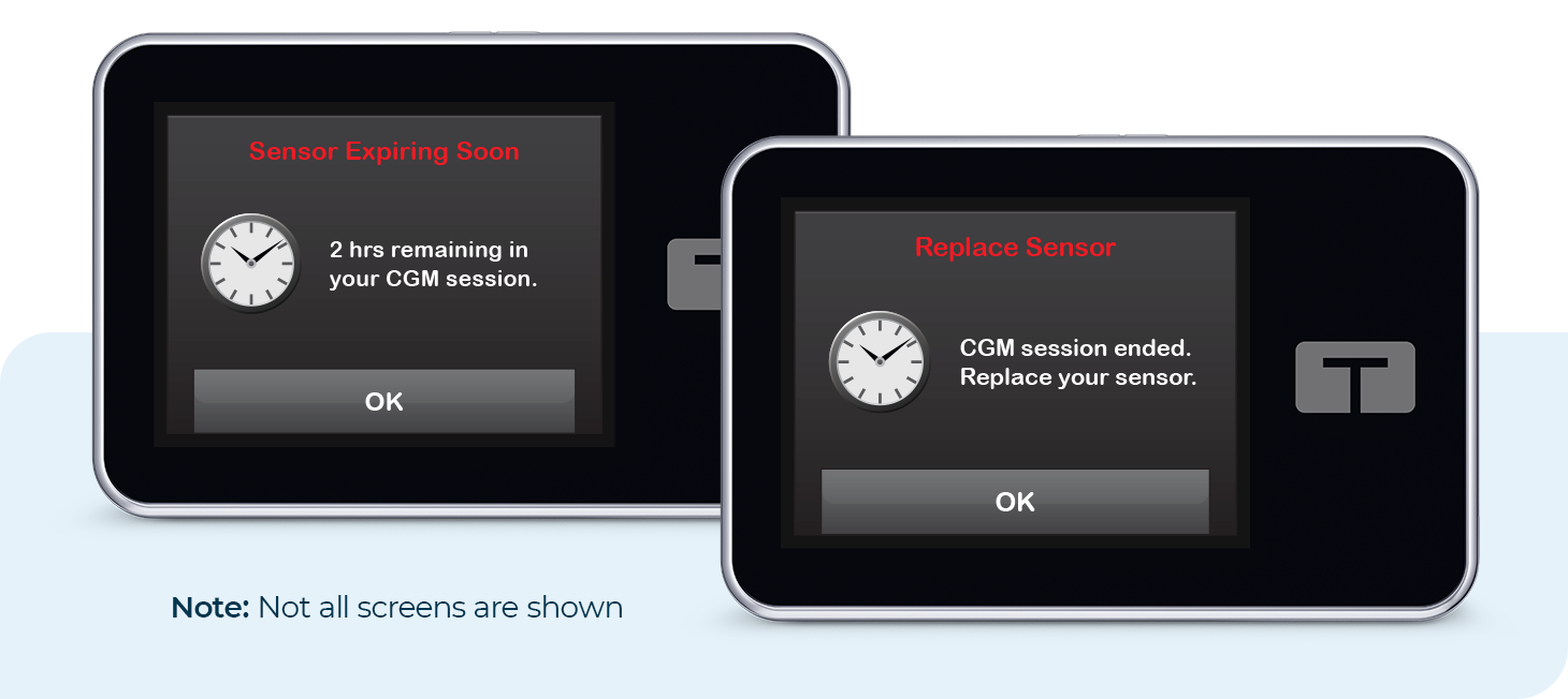 t:slim X2 insulin pump screens showing Sensor Expiring Soon and Replace Sensor notifications