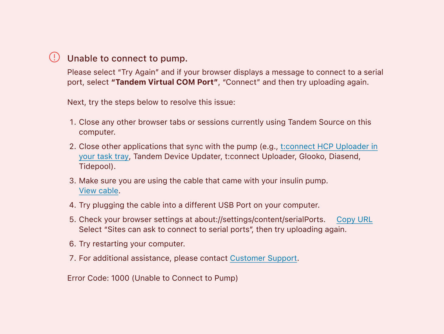 Unable to connect to pump error in Tandem Source