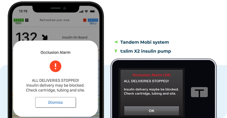 Occlusion Alarm screen shown on the Tandem Mobi mobile app and on the t:slim X2 pump